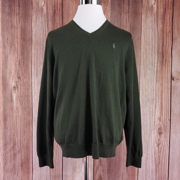 Polo Ralph Lauren Mens XL Washable Merino Wool V-Neck Sweater Pony Green - Picture 1 of 15